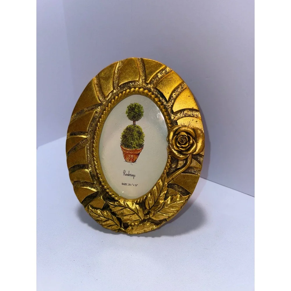 Vintage Gold Oval Picture Frame Rose Floral Ornate Tabletop 3.5x5 Photo Size